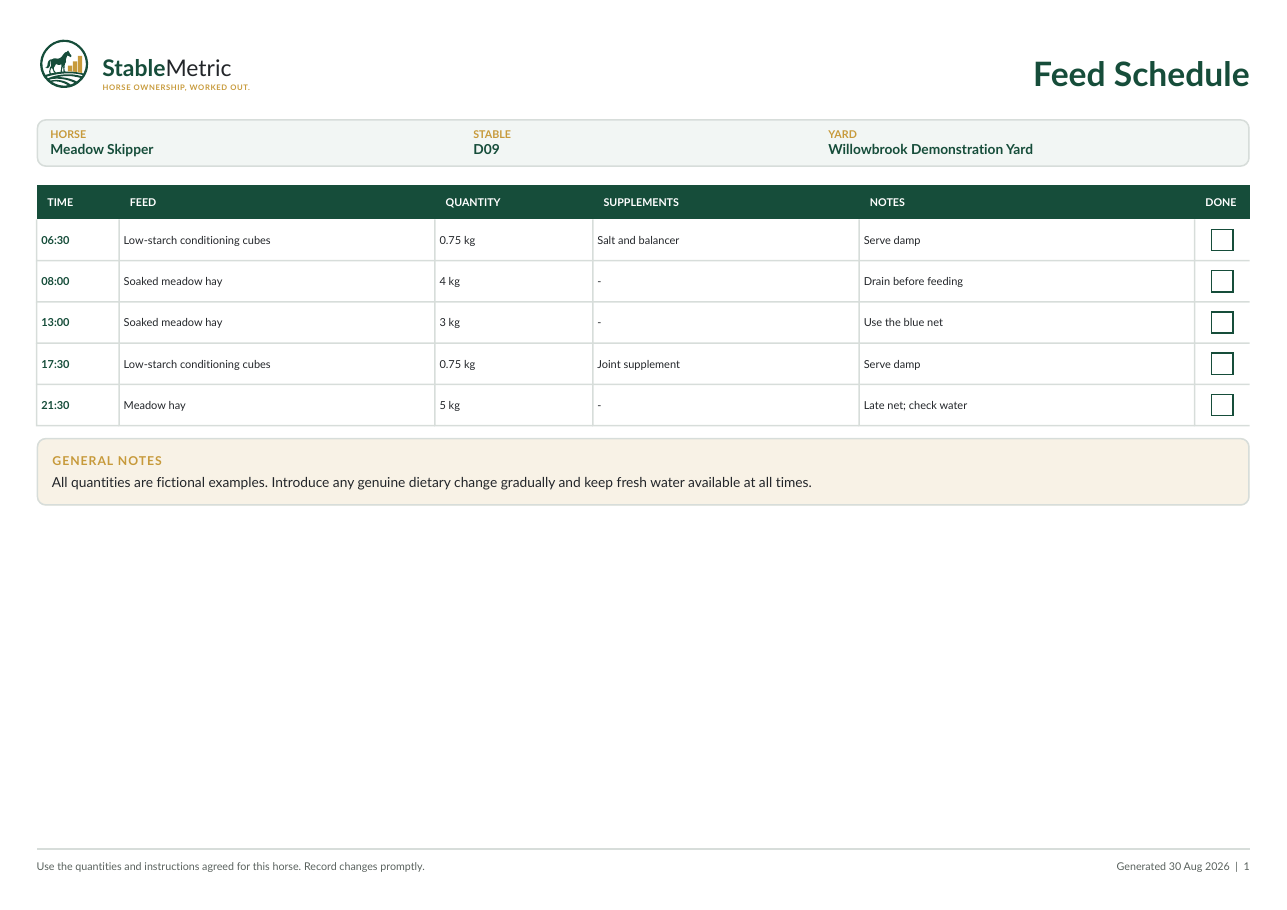 Preview of a printable StableMetric horse feed schedule