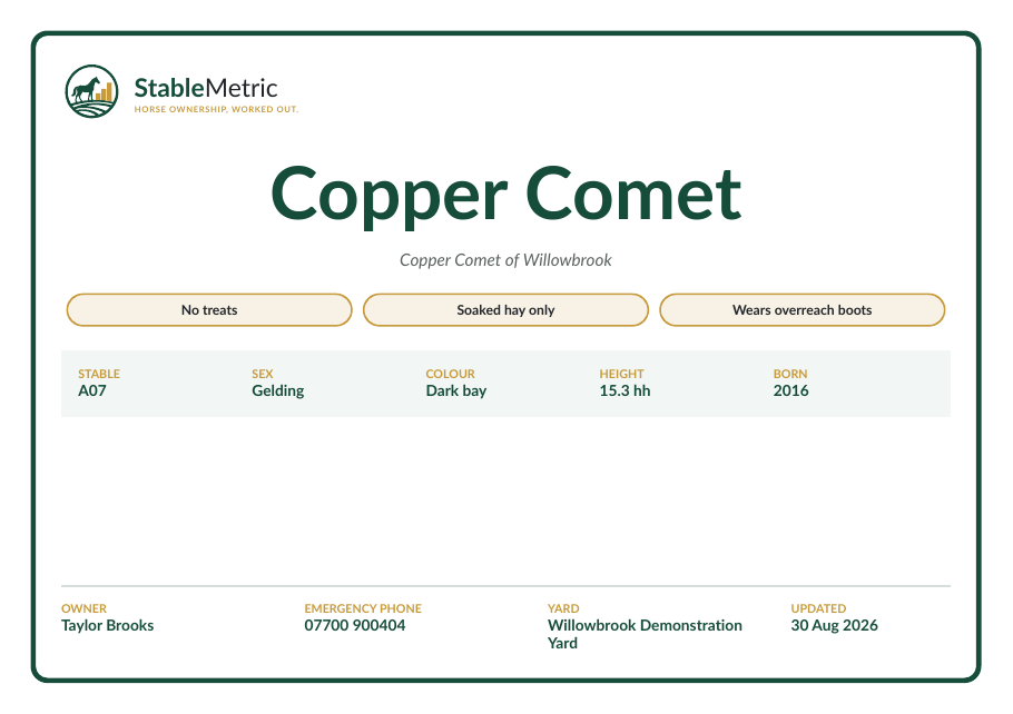 Preview of a personalised StableMetric stable name placard